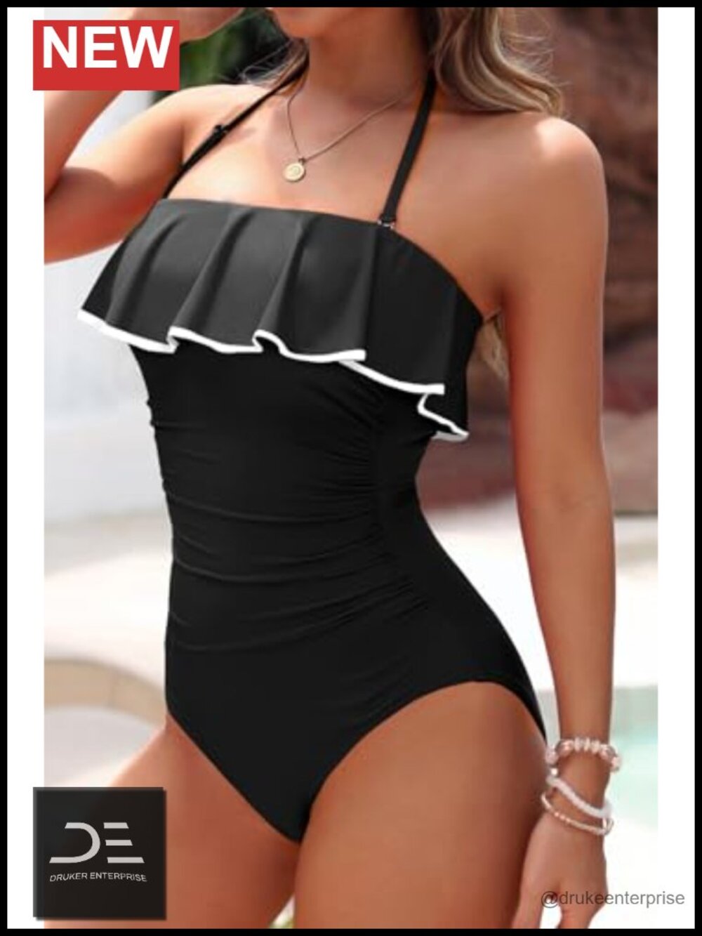 Strapless One Piece Swimsuit Tummy Control Bandeau Ruffle Slimming Bathing Suit - Picture 5 of 6